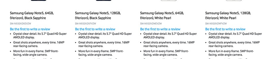 128GB Galaxy Note 5 listed on Samsung’s website