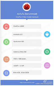 Oneplus 3 with sd820 soc and 16mp camera spotted on antutu