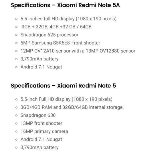 Xiaomi redmi note 5, note 5a specs flowed out