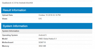Geekbench listing displays nokia 8.1 specifications: snapdragon 710, android pie