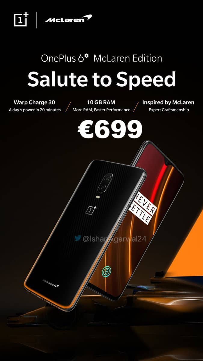 Oneplus 6t mclaren edition to cost 699 (~5) euros; will be the most expensive oneplus cameraphone