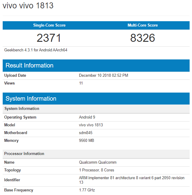 Vivo cameraphone with snapdragon 845 and 10gb ram seen on geekbench may be vivo z3 pro