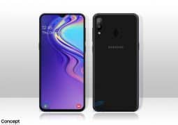 Samsung Galaxy M20 cover image shows dual rear cameras and 3.5mm headset jack