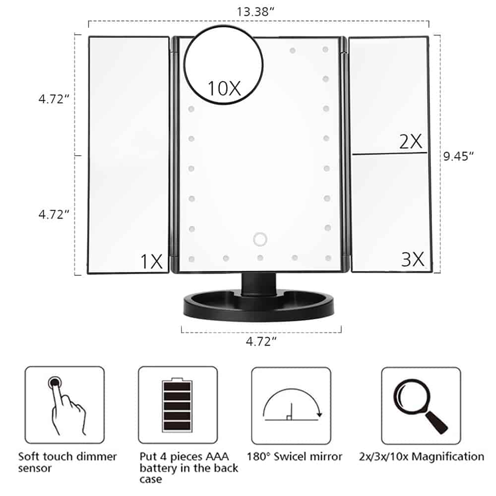 🔥led light touch screen makeup mirror desktop 3 pieghevole ingrandimento 1x / 2x / 3x / 10x