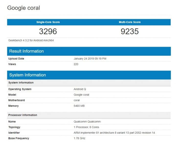 Google pixel 4 with snapdragon 855 seems to be on geekbench