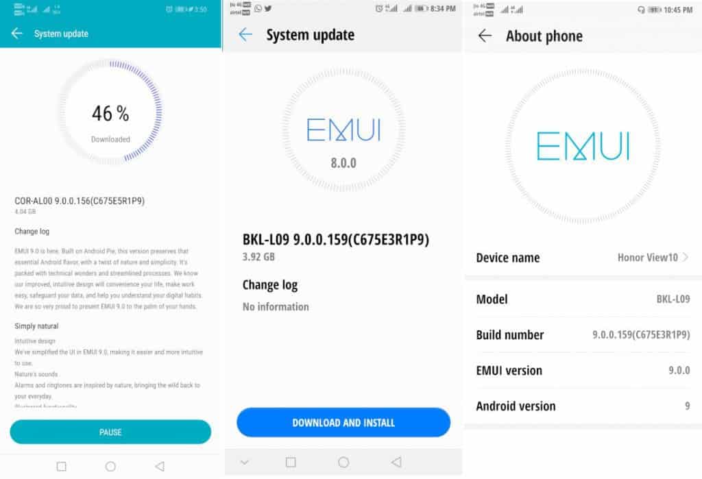 Honor 10, honor play and honor view 10 presently receiving android pie emui 9.0 in india