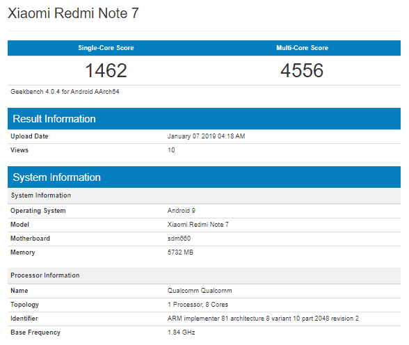 Xiaomi redmi note 7 spotted on geekbench with snapdragon 660, 6 gb ram