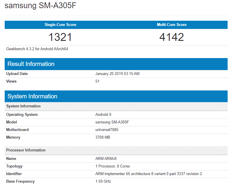 Samsung galaxy a30 listed on geekbench, packs exynos 7885 soc and 4gb ram