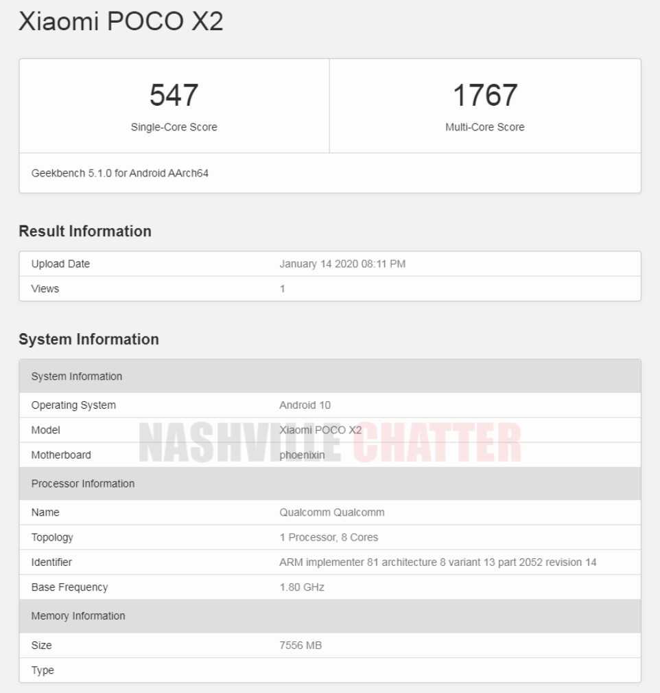 Poco X2 Geekbench listing reveals 8 GB RAM and Android 10 OS